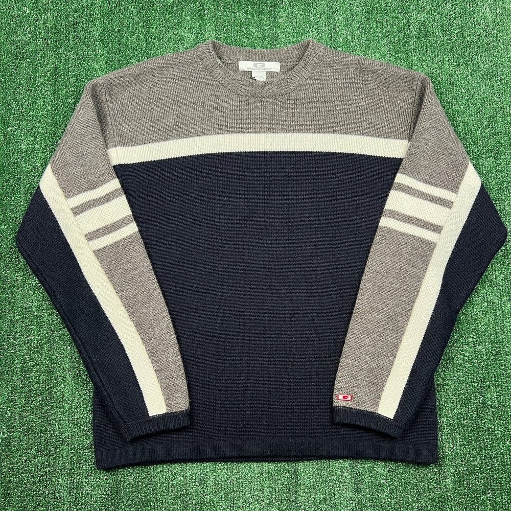 VTG GROUND ZERO Men's Sweater XL Navy Gray Cream Wool Blend Striped Crewneck Y2K